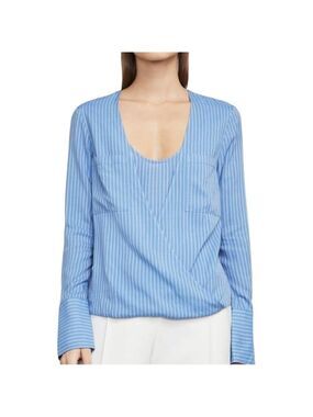 BCBGMAXAZRIA GINEVRA Striped Blue Scoop-Neck Wrap Hi-Lo Long Sleeve Blouse L